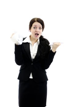 Expressive business woman with paper in hands. Isolated on white background.