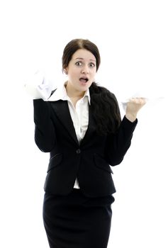 Expressive business woman with paper in hands. Isolated on white background.