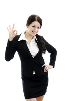 Portrait of business woman gesturing okay sign. Isolated on white.