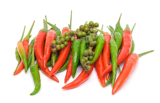 Heap Red and Green Chilli Hot Peppers on white background