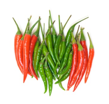 Heap Red and Green Chilli Hot Peppers on white background