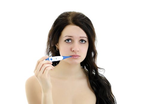 Close-up portrait of beautiful woman with thermometer. Isolated on white.