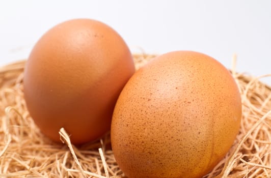 Close up view of two brown table eggs in metal basket with straw bedding