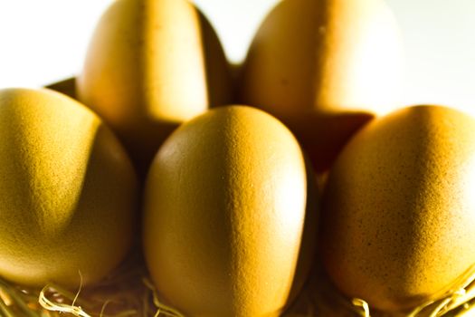 Abstract backgrund of brown eggs on straw bedding