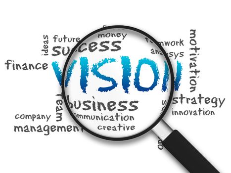Magnified illustration with the word Vision on white background.