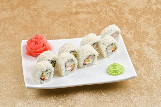 sushi roll of shrimp, cucumber, pepper and sauce