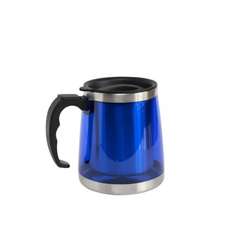 Modern blue small thermos isolated on white with clipping path