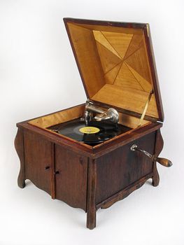 An old record player with vinyl records