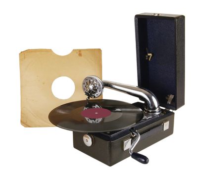 An old record player with vinyl records 