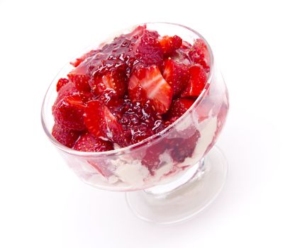 Ice cream with fresh strawberry and raspberry jam 