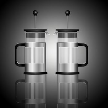 Illustration depicting two empty cafetieres arranged over grey.