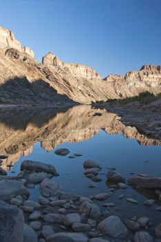 The reflexions of the mountains in a rock pool, Fish River Canyon, Namibia