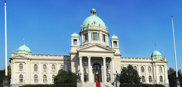 Serbian parliament in Belgrade.Construction on the building started in 1907 and it was completed in 1936.Serbian Parliament with new facade renovated in summer 2011.