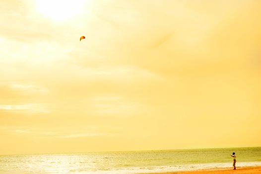 Boy playing wtih flying kite on the ocean beach. Sri Lanka