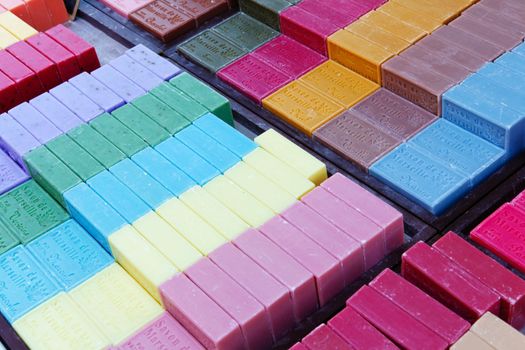 Bright colorful square soaps for sale at French Market.