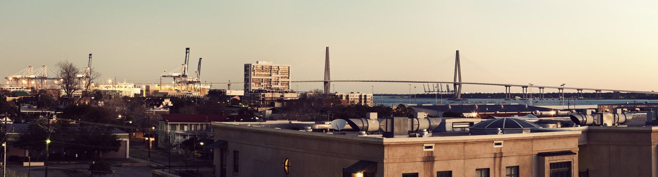 Early morning panorama of Charleston, South Carolina - Arthur Ravenel Jr. Bridge in the background