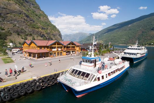 Docks in the small tourist town of Flam (fl�m) on the western side of Norway deep in the fjords