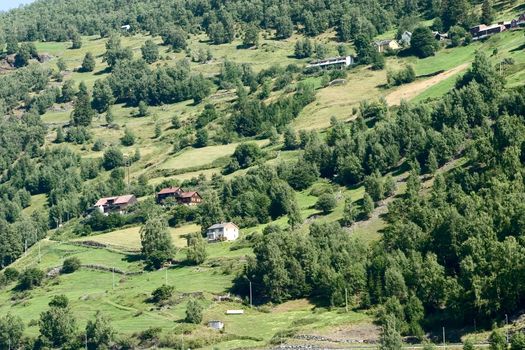 A mountain farm on the side of Aurlandsfjord, Sognefjord, in western Norway.