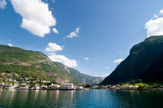 Otternes Village viewed from Aurlandsfjord which is part of Sognefjord, Norway.