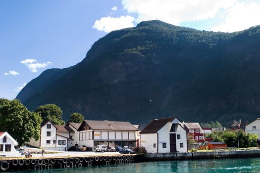 Otternes Village viewed from Aurlandsfjord which is part of Sognefjord, Norway.