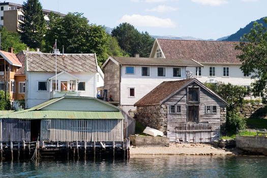 Otternes Village viewed from Aurlandsfjord which is part of Sognefjord, Norway.