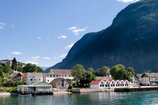 Otternes Village viewed from Aurlandsfjord which is part of Sognefjord, Norway.