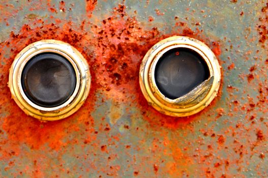 Buttons on a long forgotten electrical box resemble rusty eyes