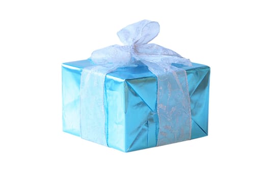 Elegant sky blue colored present with silver ribbons and bow isolated on white.