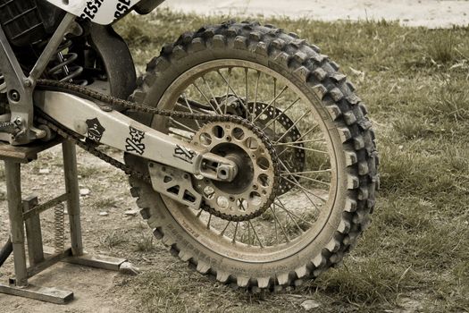 Close-up photo of a motocross bike wheel