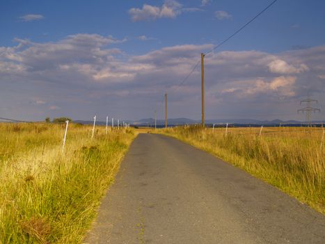 rural road between pasture land and fields