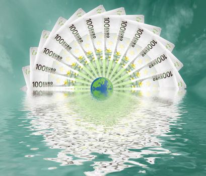 Concept shot of a globe in the middle of the world surrounded by European Union banknotes of 100 Euros.