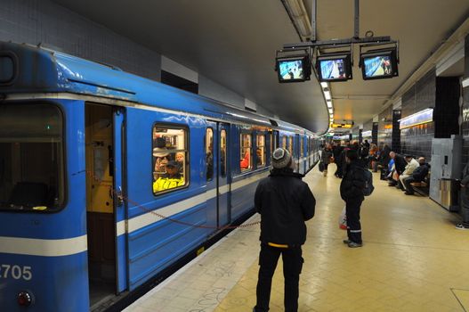 A train in the subway of Stockholm is ready to move on.