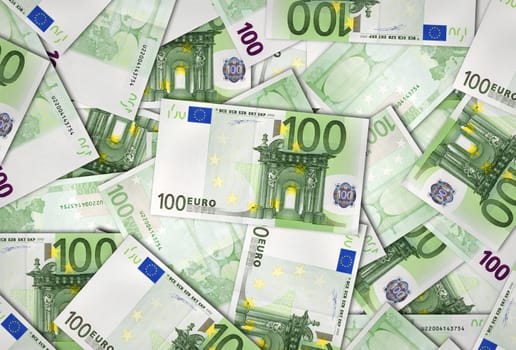 Pile of European Union 100 Euro banknotes pilled together.