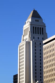 Los Angeles City Hall in evening light with blue sky