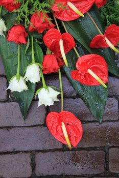 red and white sympathy flowers, roses and anthuriums