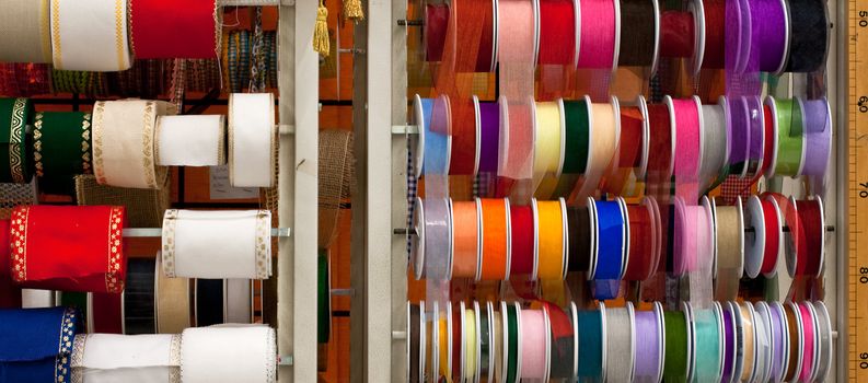 Various colorful ribbons in a fabric store