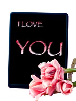a composition and black tablet with flowers