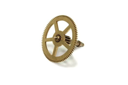 Small toothed brass gear wheel photographed over white with shadow.