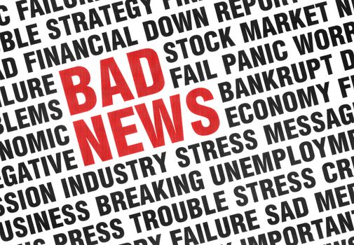Typographical print of Bad News with angled uppercase text expressing failure, crisis, panic, fear of the economy and industry with the words BAD NEWS highlighted in red.