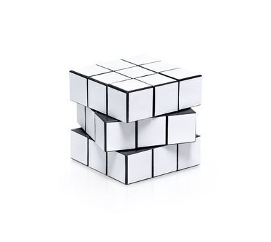 Blank white cubic twist puzzle with copy space for your information. Isolated on white.