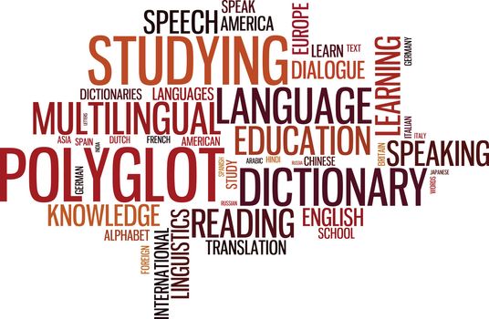 Vector polyglot typographical wordcloud with mutiple words pertaining to language, study, dialogue and translation, in different sized fonts and different orientations