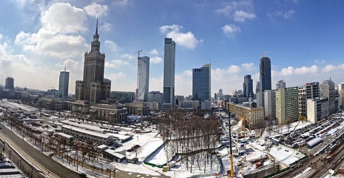 Wide angle panoramic view of Warsaw center district. Editorial image.