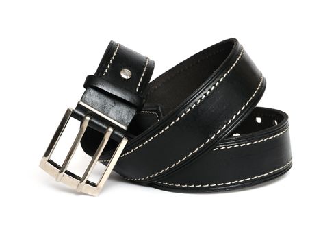Black leather strap with white stitching and silver buckle on a white background