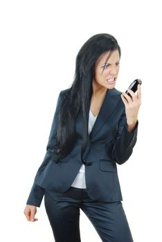 Angry businesswoman on a white background with broken mobile phone