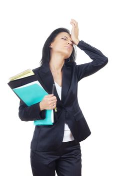 Studio photo of the businesswoman in crisis on a white background