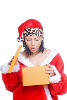 Lady in Santa Claus costume holding the opened gift box
