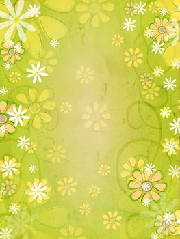 vintage spring background with white and yellow flowers over green old paper gradient with  curves