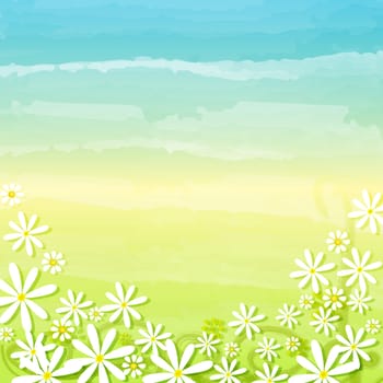 spring background with daisy flowers over blue green gradient