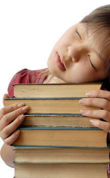 Photo of young student sleeping on the numerous books