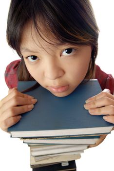 Funny photo of cute teenager with educational books